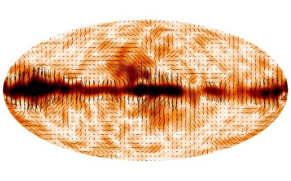 La mappa della polarizzazione di Planck. Le linee indicano la direzione di polarizzazione, la scala di colori fa riferimento alla sua ampiezza (l’intensità aumenta procedendo dal chiaro allo scuro)